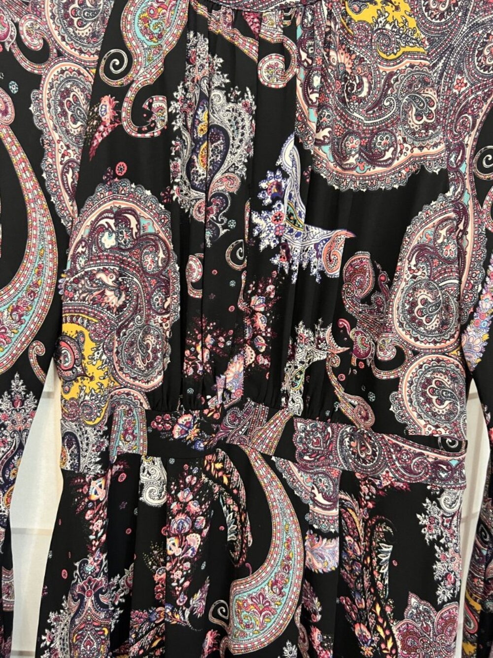 Express Womens 8 Colorful Artsy Paisley Long Sleeve Plunge Tie Neck Maxi Dress - Picture 5 of 8